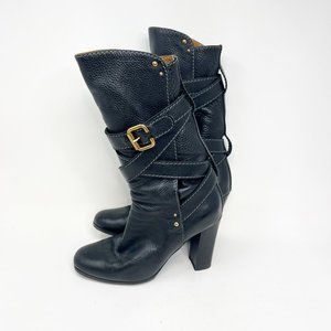 Chloe Black Leather Ankle Boots with Gold Buckle